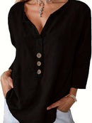 V-Neck Button-Up Top - Loose Fit Solid Color Pullover, Fashionable Casual V-Neck Shirt for Women, Relaxed Fit, Non-Stretch Cotton Linen Blouse