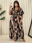 Women'S Plus Size Elegant V-Neck Dress with Abstract Pattern - Casual Spring/Summer Style, Knee-Length, Sleeveless, Adjustable Waist Cincher, Casual Summer Dress|Kneelength Dress|Vneck Design, Plus Size Dress