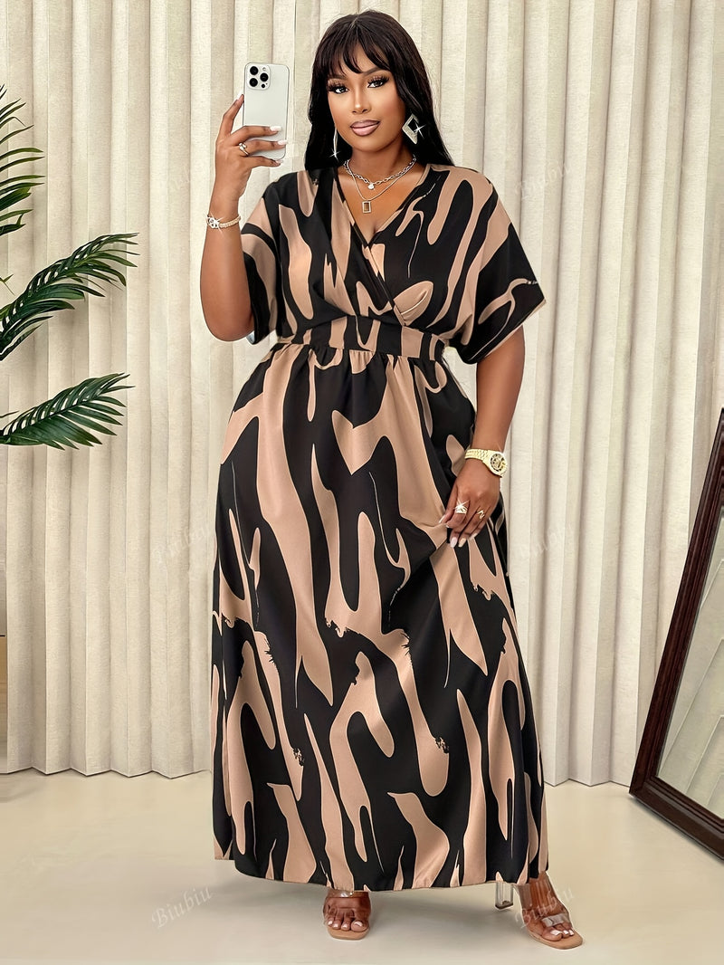 Women'S Plus Size Elegant V-Neck Dress with Abstract Pattern - Casual Spring/Summer Style, Knee-Length, Sleeveless, Adjustable Waist Cincher, Casual Summer Dress|Kneelength Dress|Vneck Design, Plus Size Dress