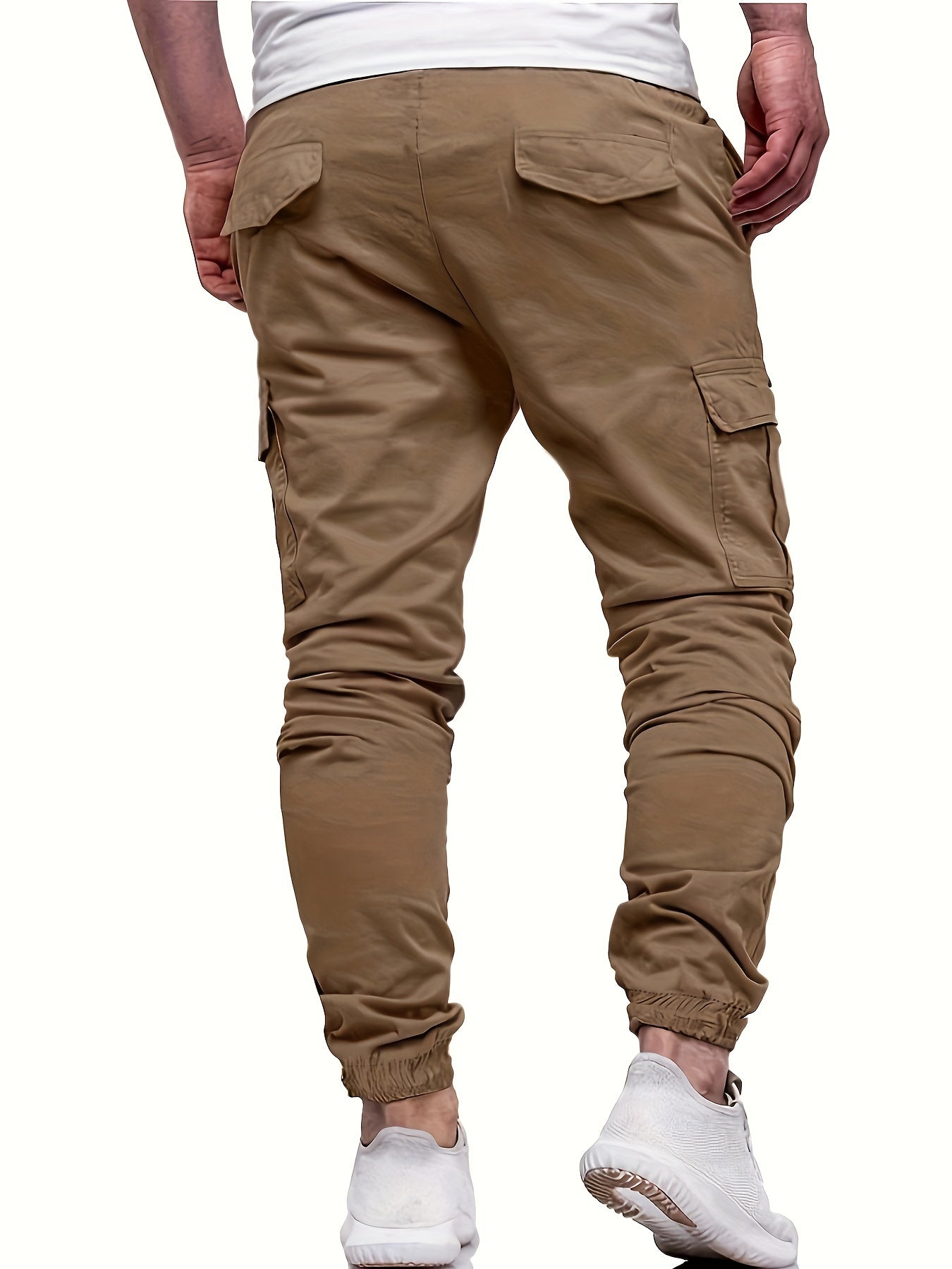 Men's Fashion, Regular Fit And Cuffed Solid Cargo Pants With Flap Pockets, Chic And Trendy Solid Drawstring Leisure Trousers For Daily Outerwear