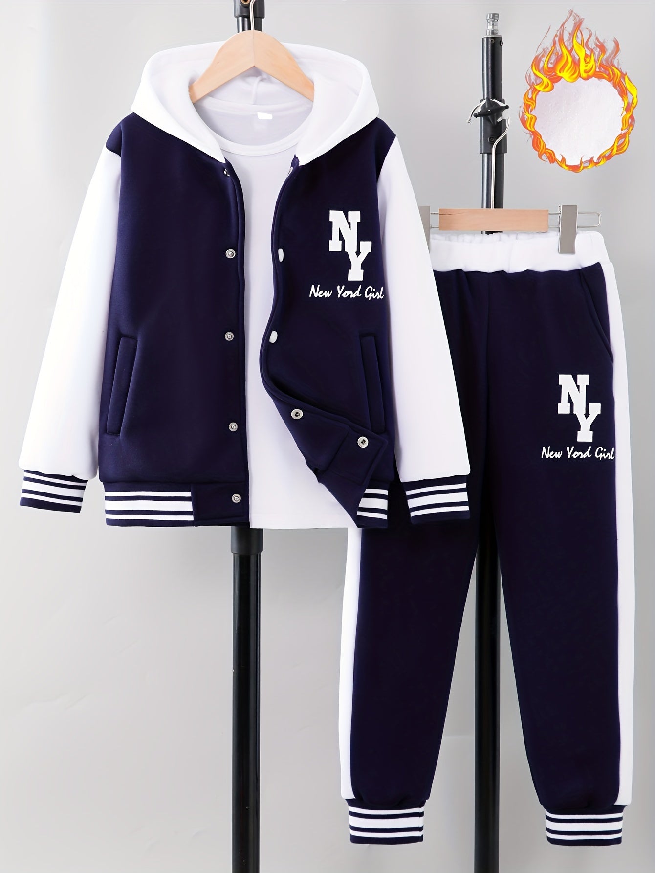 'NY' Letter Print Girl's Preppy Outfit, Color Block Hooded Varsity Jacket + Sweatpants Set Comfy Stylish 2-piece Girls Winter/ Fall Outdoor Clothes