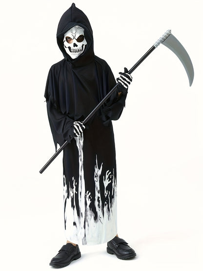 [Fast Arrival] 1pc Luminous Grim Reaper Costume for Kids - Halloween Party Storytelling, Role-Playing Performance Outfit with Hooded Jumpsuit, Gloves & Sickle, Polyester Material, Non-Transparent, Knitted Fabric, Solid Color,