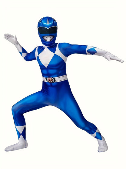 Boy's Cartoon Character Bodysuit, Halloween Carnival Dress Up Blue Jumpsuit, Kid's Dress Up Outfit For Party Performance