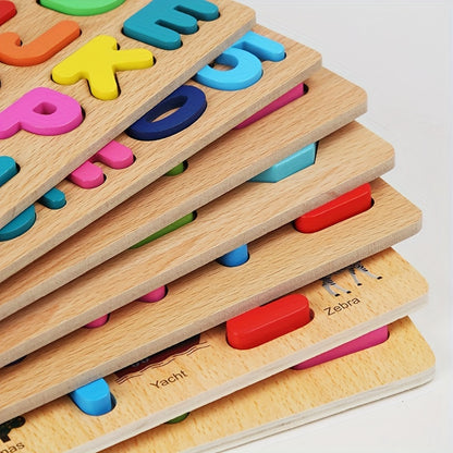 Juego de 4 juguetes educativos STEM de madera grandes: bloques de rompecabezas con alfabeto, números y formas para el aprendizaje temprano, el reconocimiento de colores y el desarrollo de habilidades para la resolución de problemas.