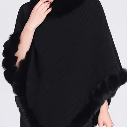 Women's Elegant Cream-Colored Knit Sweater with Faux Fur Trim - High Neck, Batwing Sleeves, Cozy Autumn/Winter Pullover Shawl Cape, Autumn Wardrobe Accessory|High Neck Pullover|Plush Lining