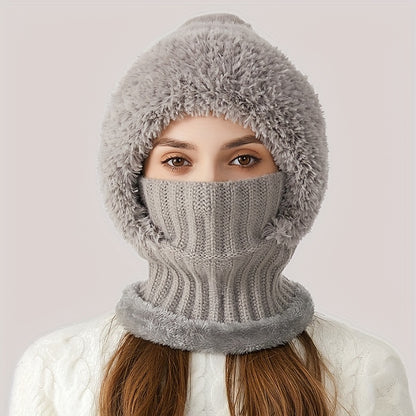 1pc Winter Warmth Acrylic Fleece-Lined Knit Beanie with Ear Flaps, Windproof Neck Gaiter Hood for Outdoor Cycling, Stretchable New Year'S Gift Hat, 100% Acrylic Woven Craftsmanship