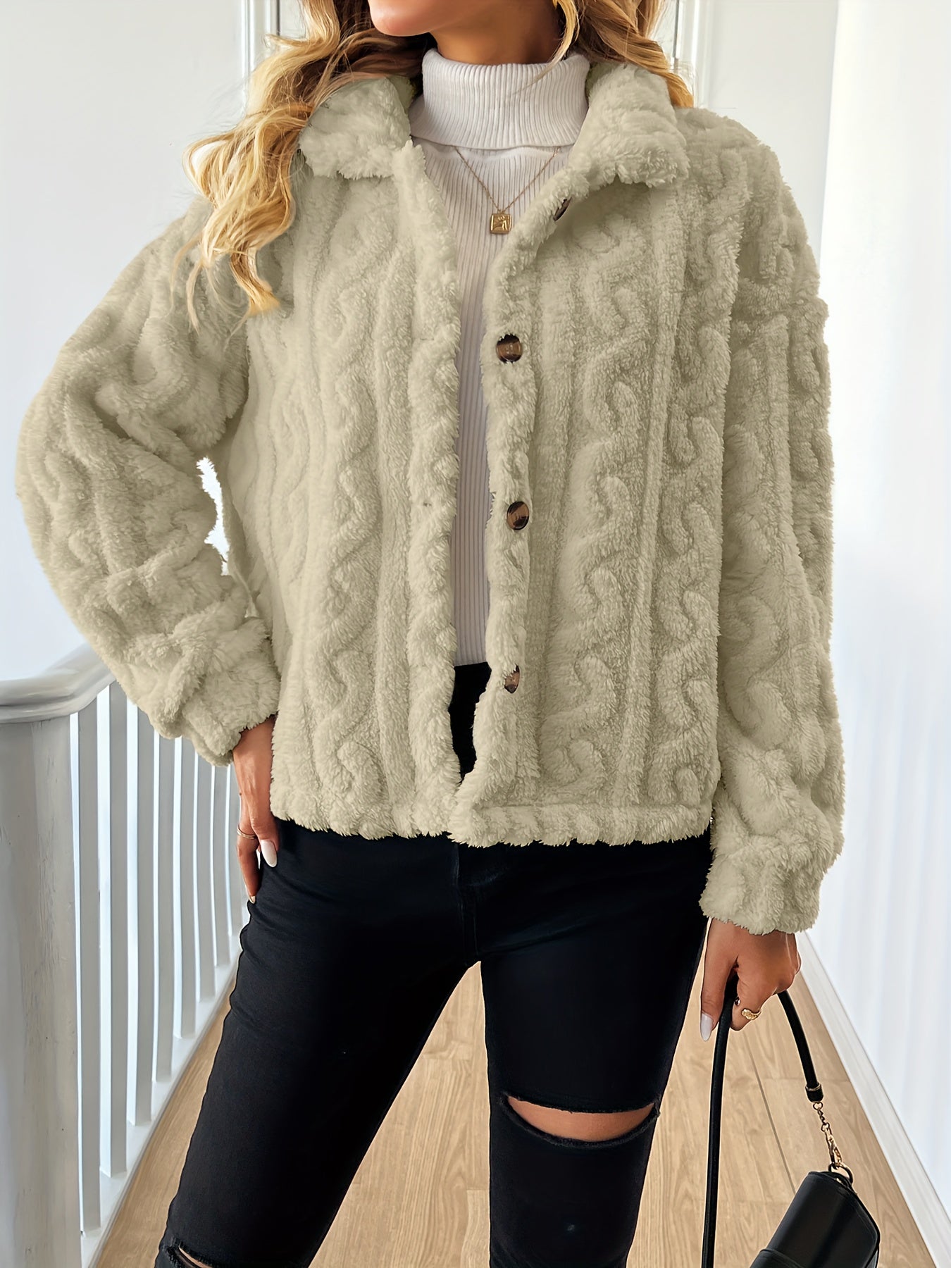 Abrigo elegante de piel sintética de manga larga para mujer, tejido de punto 100 % poliéster, color liso, abrigo de invierno para adulto.