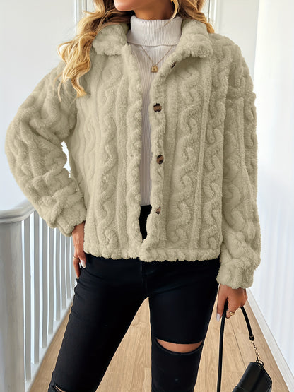 Abrigo elegante de piel sintética de manga larga para mujer, tejido de punto 100 % poliéster, color liso, abrigo de invierno para adulto.