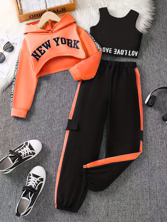 3-Pack Girls' Casual Sports Letter Webbing Stitching Hooded Long-Sleeved English Printed Short Hoodie with Elastic Webbing Hem Vest with Color Matching Cuff Trousers Street Trend Y2K Autumn And Winter, for Outdoor
