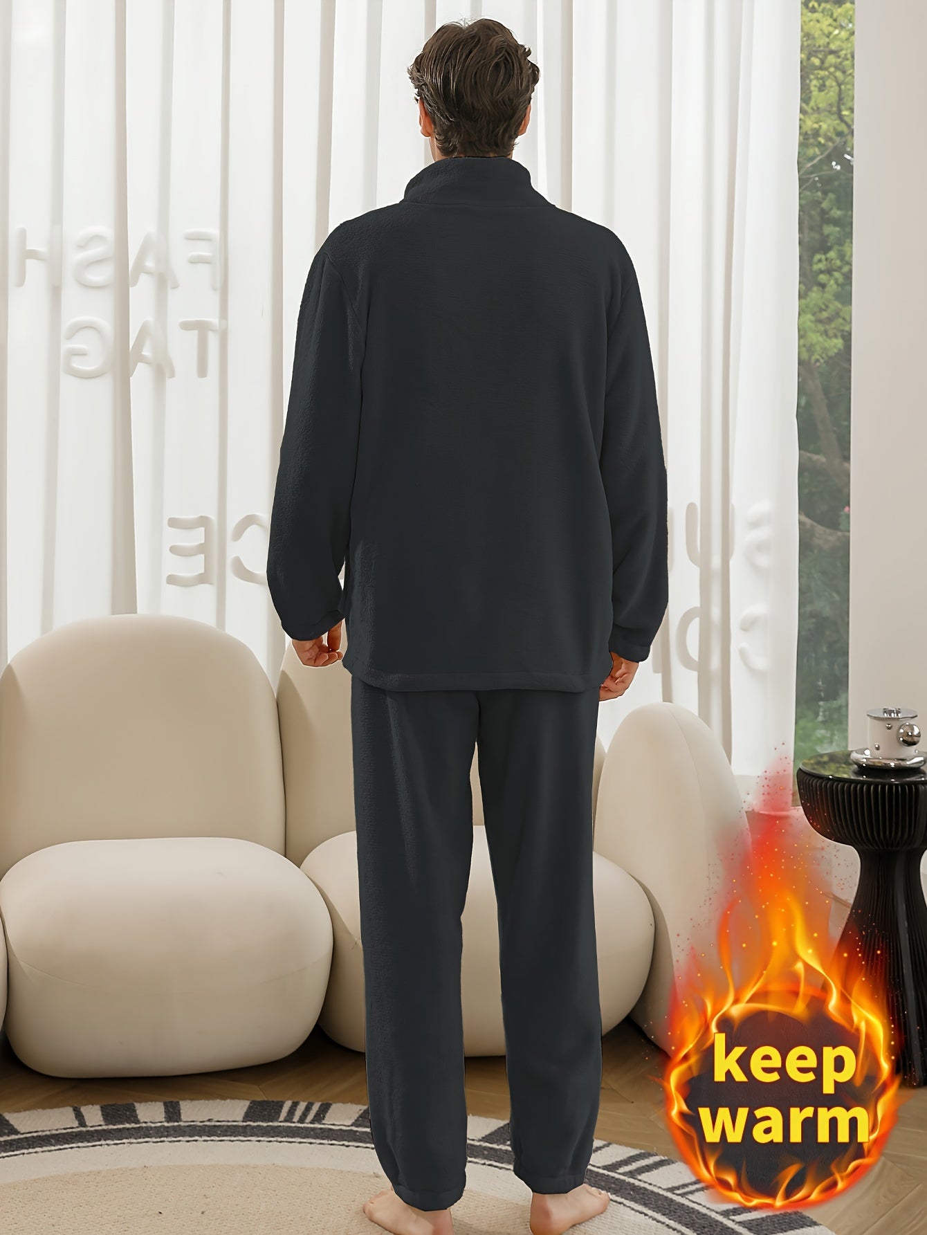 Conjunto de pijama de hombre con camiseta y pantalón de franela con bordado de letras, cuello alto, cremallera y manga larga para otoño e invierno.