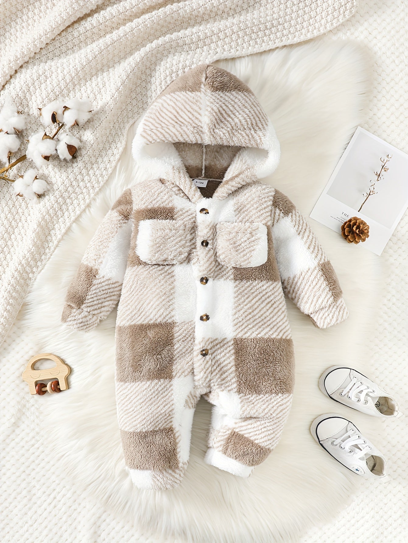 Baby Boy Autumn And Winter Style Fluffy Plaid Pocket Cute Long Sleeve Jumpsuit