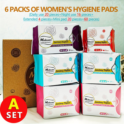 6-Pack Moloven Women'S Sanitary Napkins, 60/56pcs, Ultra-Thin Wings, Soft Comfort, Overnight Absorbent Menstrual Protection, Fragrance-Free, Disposable, Travel Size, Woven Fabric, Non-Woven Material, Pad Format