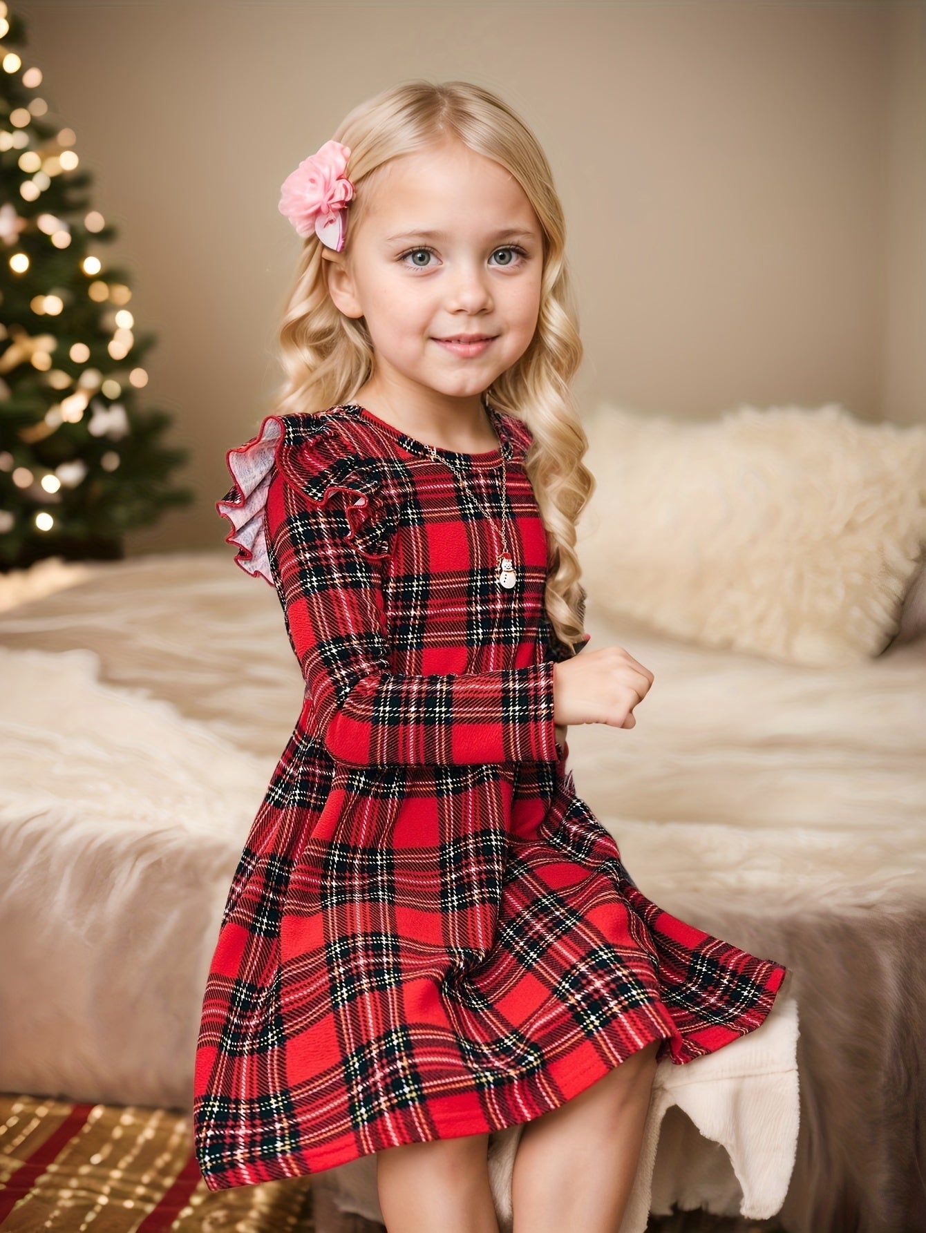 Vestido navideño informal de punto a cuadros otoñal con mangas de hojas para mamá y mi niña, ideal para Navidad.