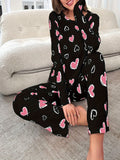 Heart Print Polyester Pajama Set for Teens - Mature Style Crew Neck Top with Slight Stretch, Knit Fabric Regular Fit Lounge Wear for All Seasons (95% Polyester, 5% Elastane)