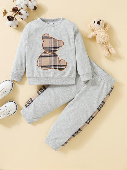 Adorable 2pcs Outfit For Toddler Girls & Boys - Bear Embroidery Sweatshirt & Splicing Pants! Outdoor Clothes