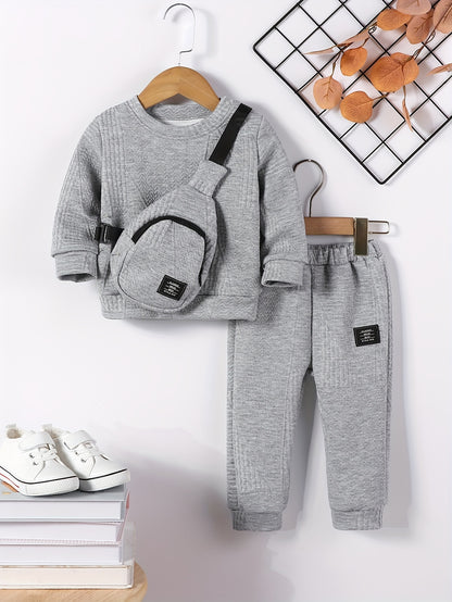 [Top-Rated] 3pcs Boys' Fall Fashion Set: Cozy Solid Color Sweatshirt, Joggers &amp; Crossbody Bag - Machine Washable Polyester Blend, Perfect for Outdoor