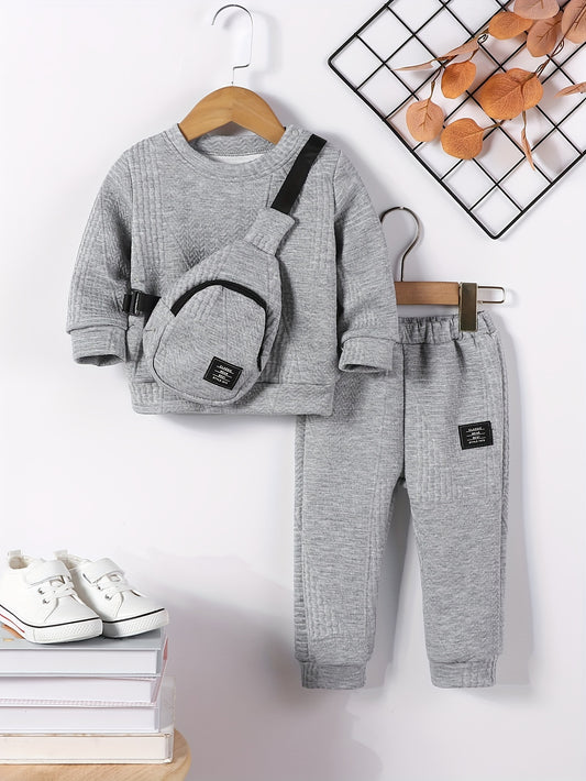 [Top-Rated] 3pcs Boys' Fall Fashion Set: Cozy Solid Color Sweatshirt, Joggers & Crossbody Bag - Machine Washable Polyester Blend, Perfect for Outdoor