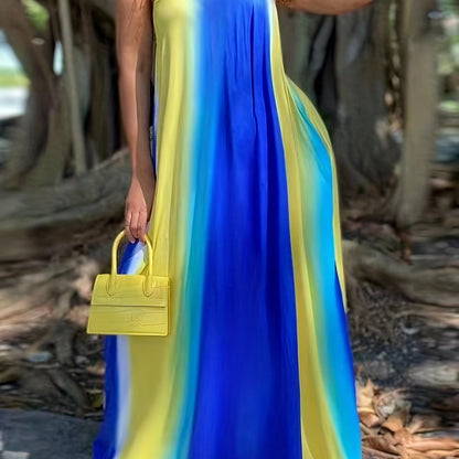 Vestido largo holgado con escote en V y efecto tie-dye, talla grande, elegante, ligeramente elástico, para mujer.