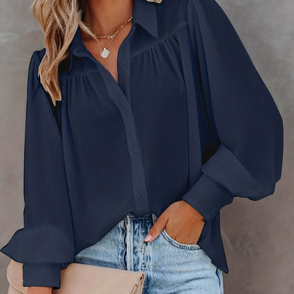 Plus Size Basic Blouse, Women's Plus Solid Button Up Lantern Sleeve Turn Down Collar Slight Stretch Blouse