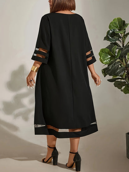 Elegant Plus Size Midi Dress with Contrast Mesh Detail - Crew Neck, 3/4 Sleeve, Non-Stretch Polyester Blend - Machine Washable - Perfect for Spring &amp; Summer