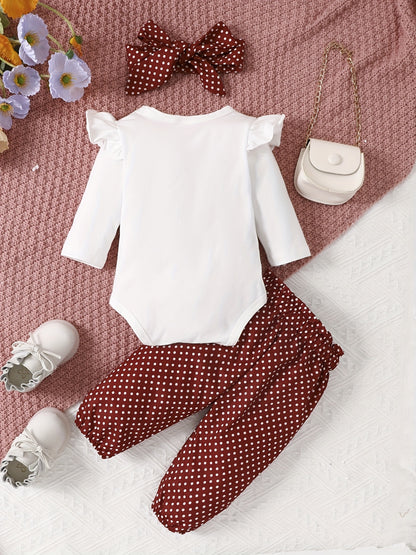 2pcs Baby Girl's Stylish Set, "Isn't She Lovely" Print Long Sleeve Onesie + Polka Dot Pants, Comfy Trendy Outfit