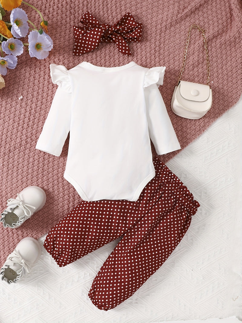 2pcs Baby Girl's Stylish Set, "Isn't She Lovely" Print Long Sleeve Onesie + Polka Dot Pants, Comfy Trendy Outfit