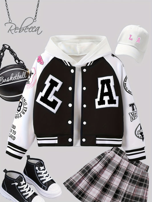 Chaqueta universitaria para niña con estampado Alphabet LA, raglán, con forro térmico, estilo preppy, para primavera/otoño