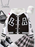 Chaqueta universitaria para niña con estampado Alphabet LA, raglán, con forro térmico, estilo preppy, para primavera/otoño