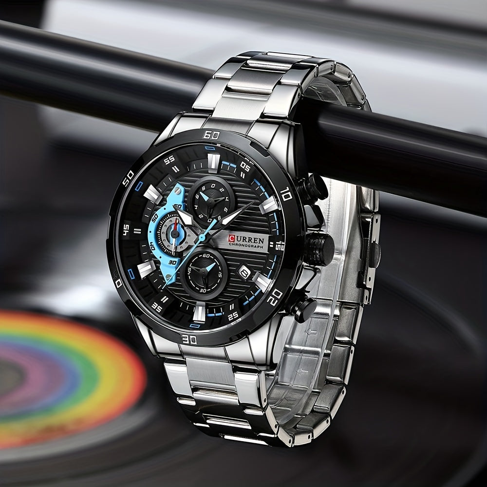 CURREN Reloj deportivo para hombre, cronógrafo multifuncional, puntero de acero inoxidable, reloj redondo