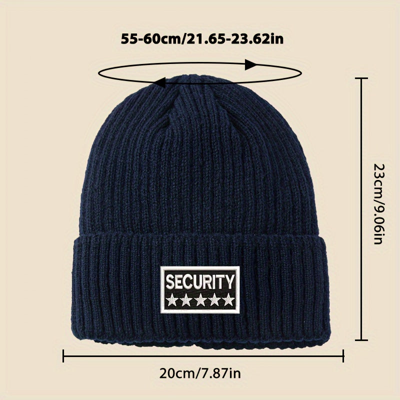 Unisex Security Embroidered Knit Beanie Hat - Acrylic Soft Warm Ribbed Winter Skull Cap with Fleece Lining for Men & Women