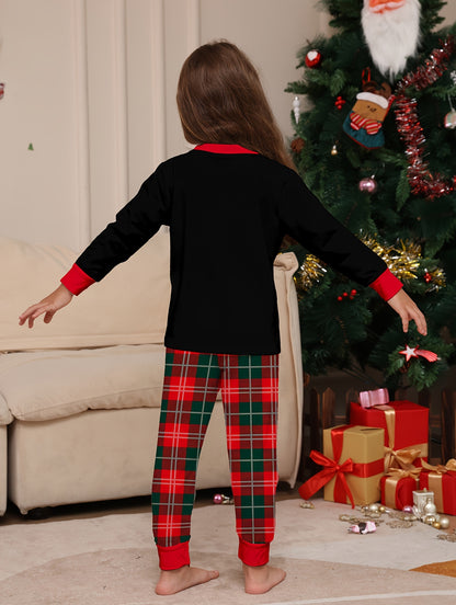 Cozy Youngsters' Christmas Pajama Set - Flame Retardant, Santa Hat & Mini Print, Long Sleeve Black Top with Red Plaid Pants, Cozy Loose Fit for Fall/Winter