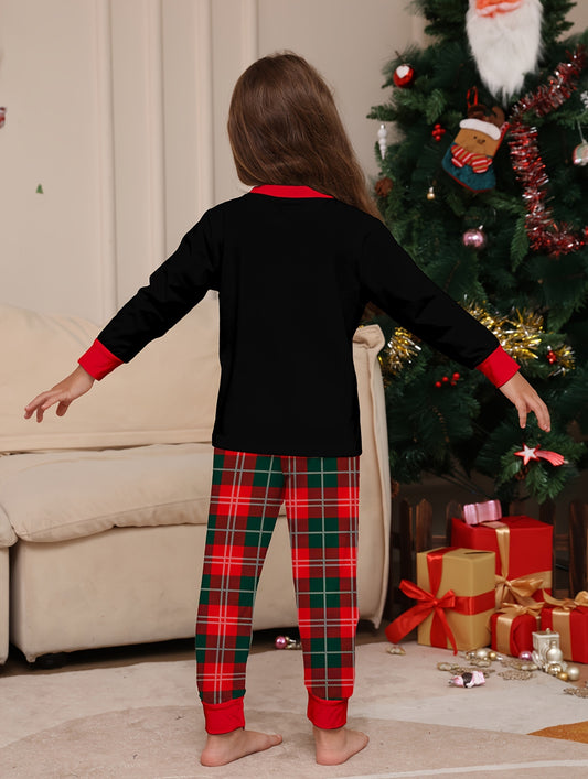 Cozy Youngsters' Christmas Pajama Set - Flame Retardant, Santa Hat & Mini Print, Long Sleeve Black Top with Red Plaid Pants, Cozy Loose Fit for Fall/Winter