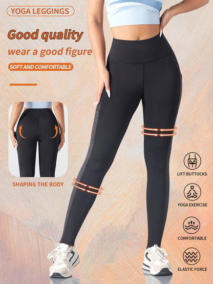 [1pc Women'S High Waist Yoga Leggings] 1pc Women'S High Waist Yoga Leggings with Contrast Color Pocket, Soft Stretchable Polyester Knit Sports Pants, Breathable Activewear for All Seasons