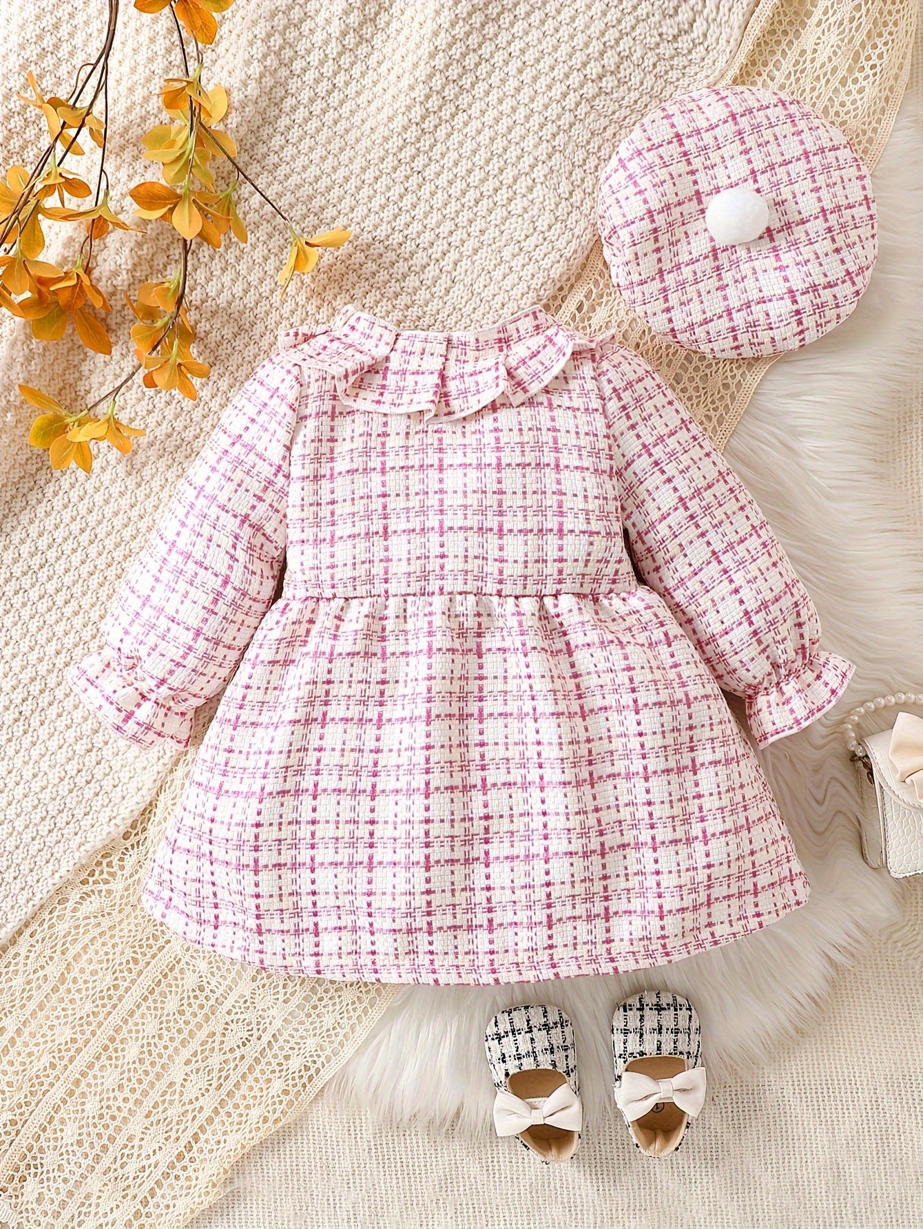 Baby's Elegant Bowknot Decor Ruffled Tweed Long Sleeve Dress, Infant & Toddler Girl's Dress For Daily Wear/Holiday/Party, As Gift