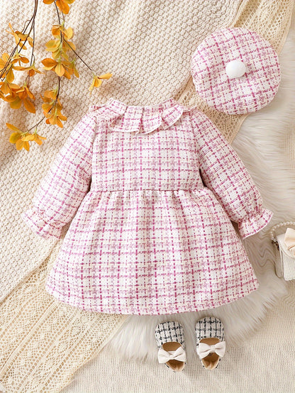 Baby's Elegant Bowknot Decor Ruffled Tweed Long Sleeve Dress, Infant & Toddler Girl's Dress For Daily Wear/Holiday/Party, As Gift