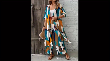 Chic Plus Size Geometric Print Women's Ensemble - Open Front Long Sleeve Shirt & Wide-Leg Pants - Elegant Polyester Casual Outfit for Fashion-Forward Ladies, Machine Washable, Plus Size Casual Outfits Set