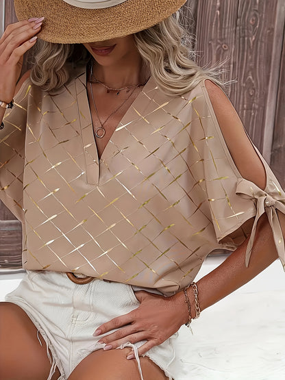 Elegant V-Neck Grid Pattern Blouse with Shoulder Cut-Outs - 100% Polyester Lightweight Women's Shirt, Machine Washable Spring/Summer Top for Casual & Formal Wear, Geometric Print Blouse, Feminine Chic Top, Nontransparent Fabr