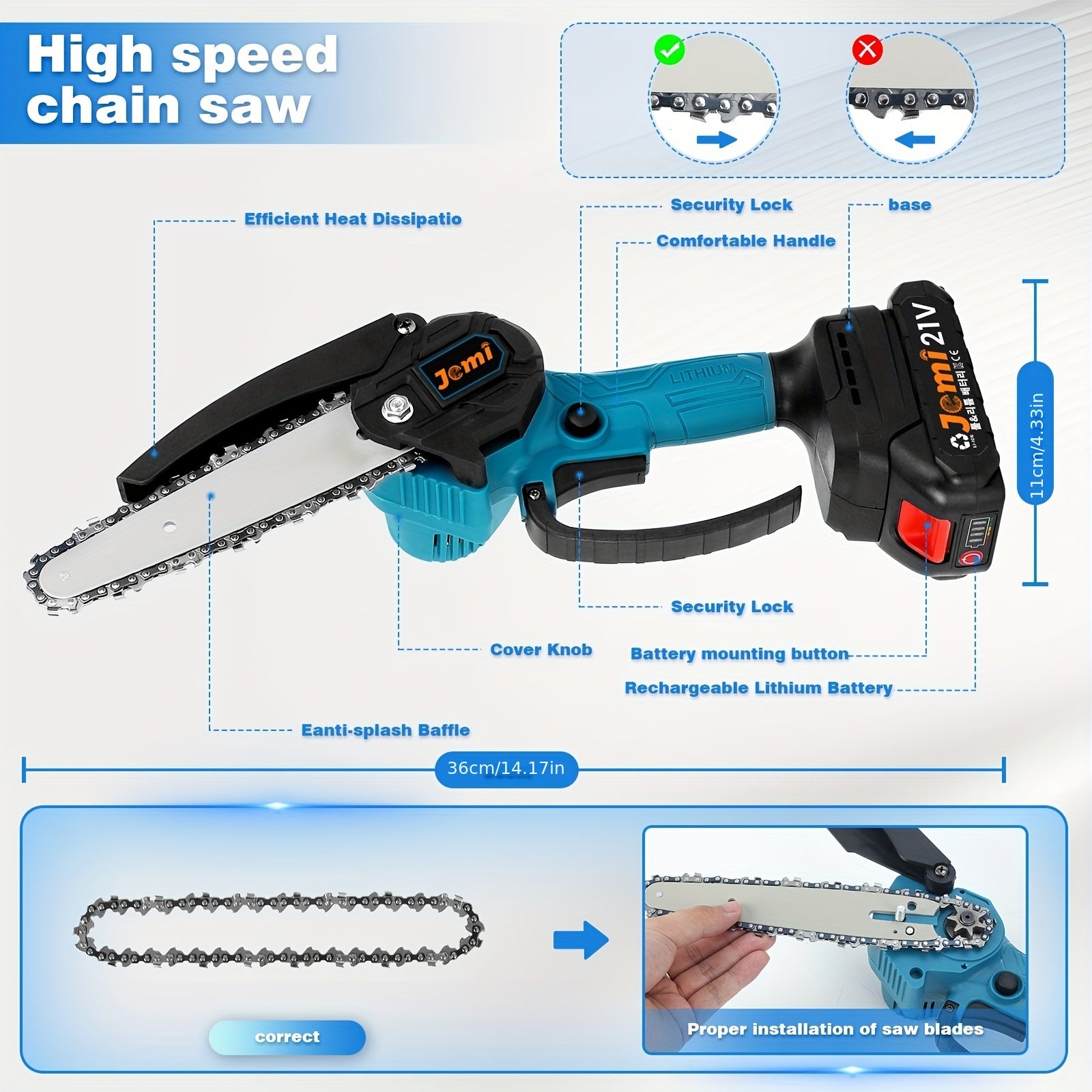 Jemi Tool Handheld 6-Inch Mini Chain Saw with 1/2 Digital Display Battery Cordless Chain Saw with Fender for Cutting Wood, Pruning Trees