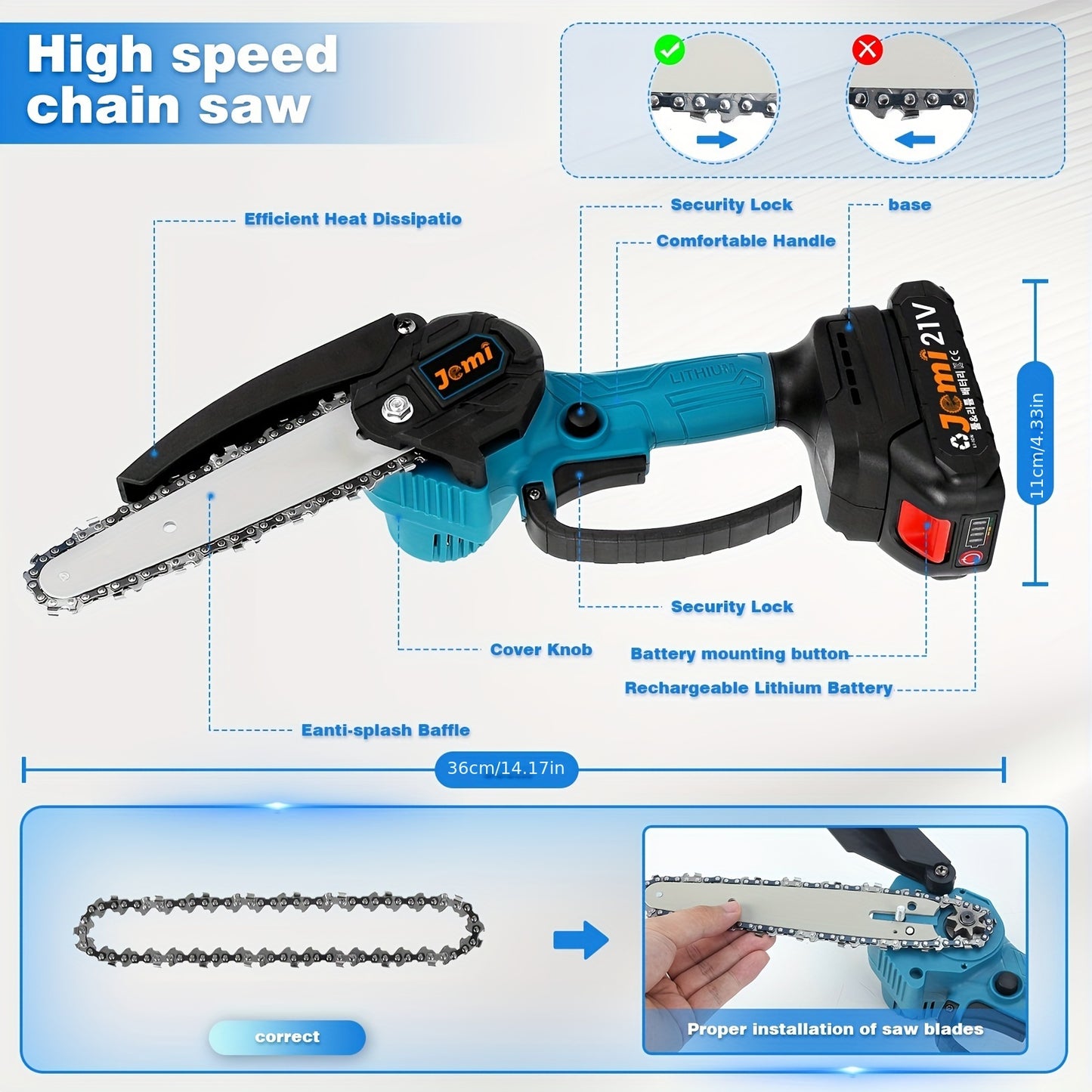 Jemi Tool Handheld 6-Inch Mini Chain Saw with 1/2 Digital Display Battery Cordless Chain Saw with Fender for Cutting Wood, Pruning Trees