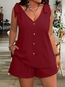 Women'S Casual Sleeveless V-Neck Top & Shorts Two-Piece Set - Loose Fit, Solid Navy Blue, Polyester Blend, Perfect for Summer Vacations, Summer Vacation Wear|Relaxed Fit Shorts|Polyester Blend