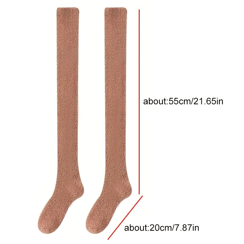 2-Pack Coral Velvet Women'S Over Knee Socks - Winter Snow Fleece Leg Socks, Non-Shedding, Thick Warm Polyester Knit Fabric, Fluffy Comfort Floor Socks, Hand Wash Only