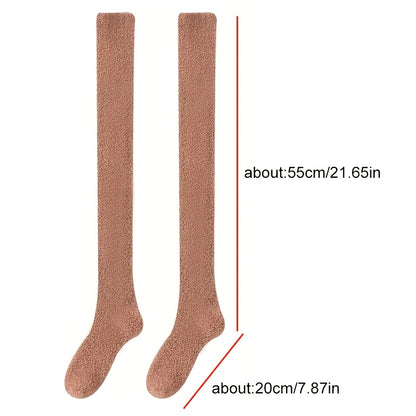 2-Pack Coral Velvet Women'S Over Knee Socks - Winter Snow Fleece Leg Socks, Non-Shedding, Thick Warm Polyester Knit Fabric, Fluffy Comfort Floor Socks, Hand Wash Only