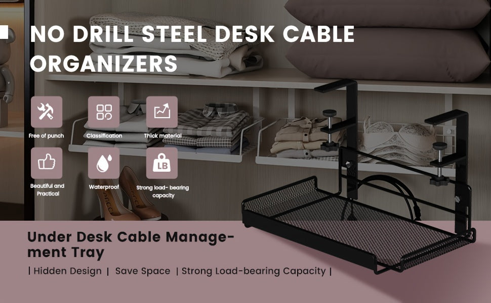 Under-Desk Cable Management Tray - No-Drill, Paint-Finished Iron Wire Organizer for Office Desks