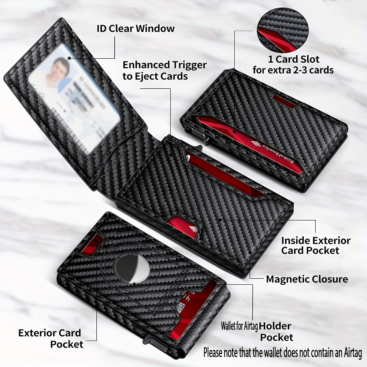Men's Sleek Magnetic Closure Wallet with AirTag Holder - RFID Blocking, PU Leather, Black