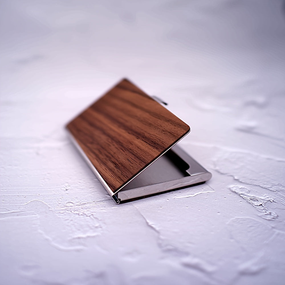Custom Engraved Men's Business Card Holder - Vintage Style, Large Capacity, Solid Wood Grain Design in Deep Brown