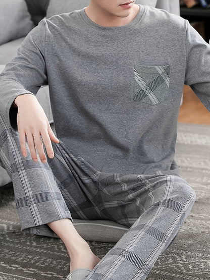 Men's Cozy Gray Long Sleeve Round Neck Top with Plaid Pants Pajama Set - Polyester, Machine Washable, Ideal for Home or Outdoor Wear