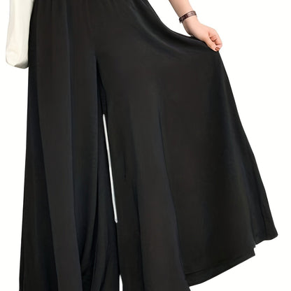 Plus Size Casual Pants, Women's Plus Solid Elastic High Rise Medium Stretch Loose Wide Leg Trousers