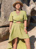 Plus Size Solid Two-piece Skirt Set, V Neck Short Sleeve Top & Irregular Hem Skirts Outfits, Women's Plus Size Clothing