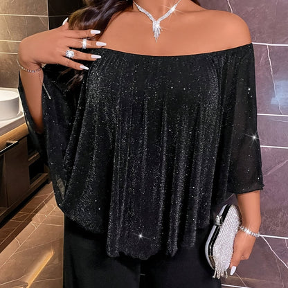 1pc Elegant Off-the-Shoulder Glitter Top and Culottes Set for Women, Polyester Knit Fabric with Slight Stretch, Solid Color, Spring/Summer/Fall Fashion, 96% Polyester 4% Elastane