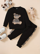 Adorable 2pcs Outfit For Toddler Girls &amp; Boys - Bear Embroidery Sweatshirt &amp; Splicing Pants! Outdoor Clothes